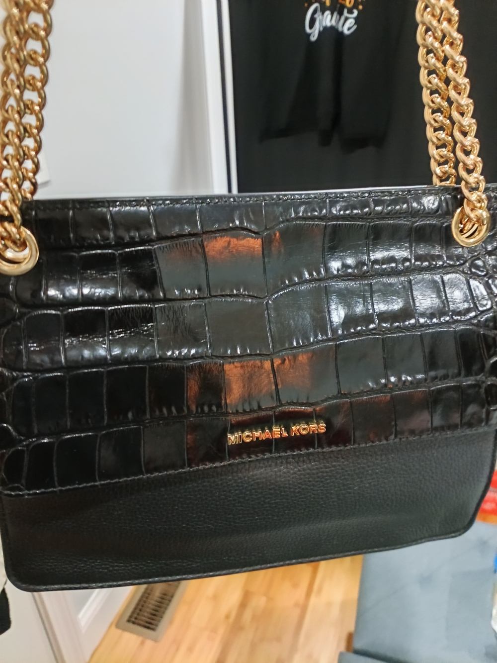Michael Kors Black Croc-Embossed Shoulder Bag with Gold Chain Straps
